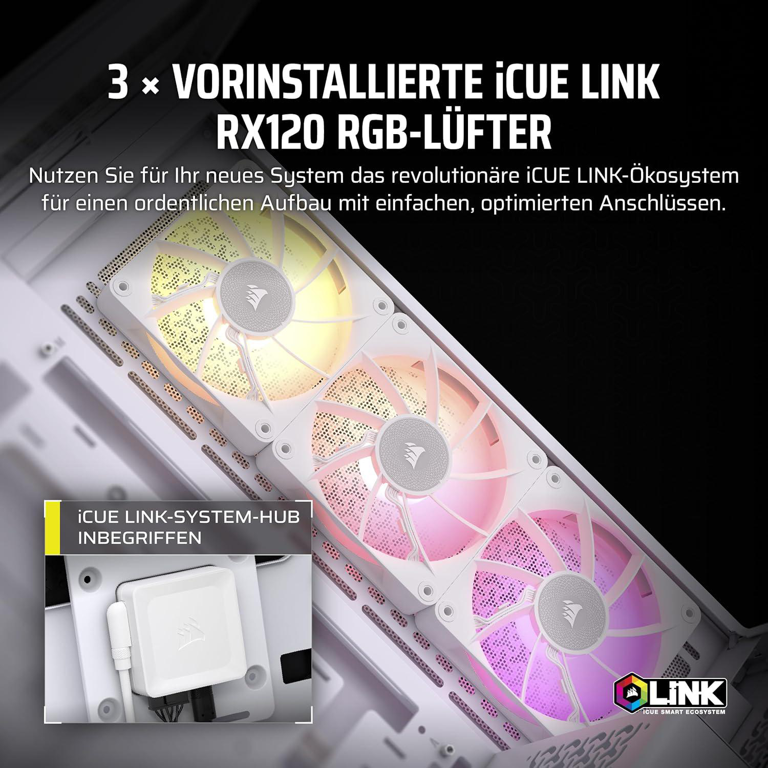 Drei RGB-Lüfter in einem Computergehäuse. Die Lüfter sind weiß mit bunten Lichtern. Ein weißer Hub ist ebenfalls sichtbar.