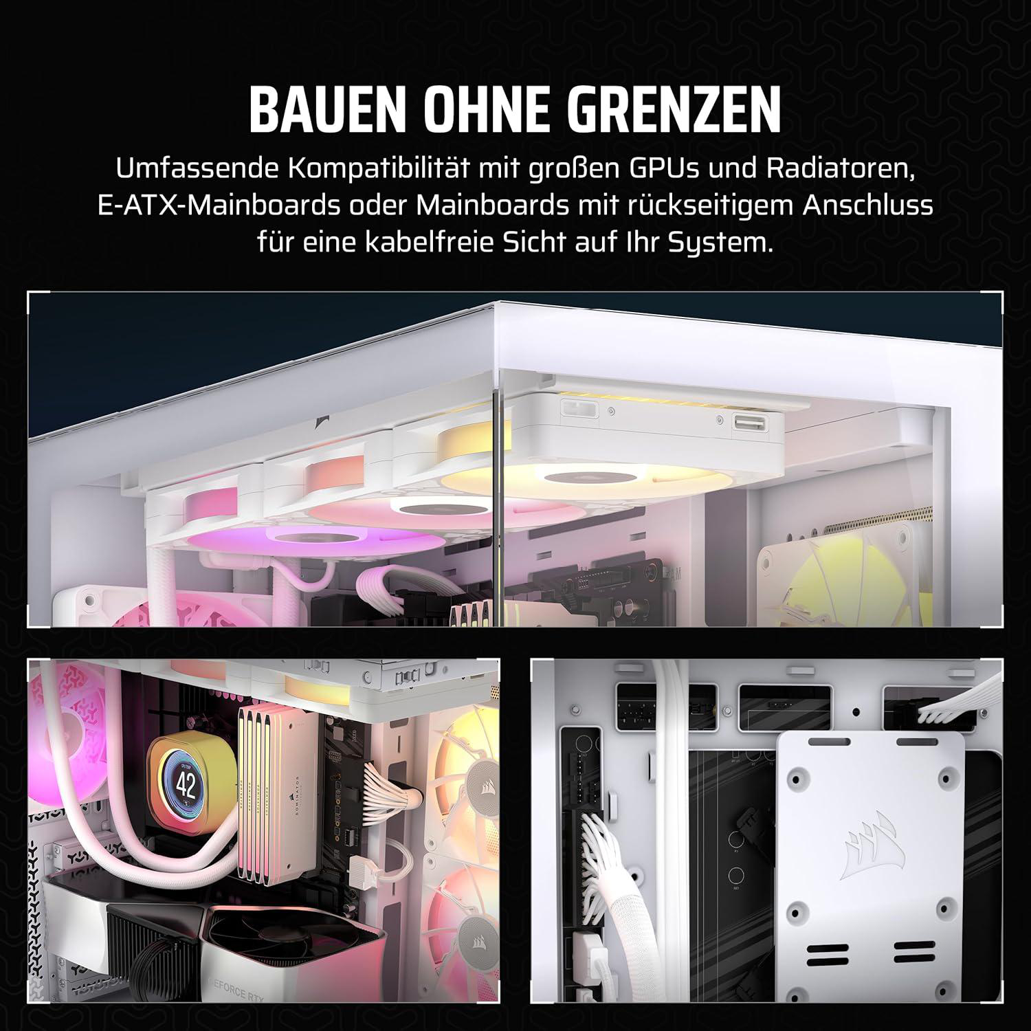 Ein Computergehäuse zeigt interne Komponenten wie Lüfter und Wasserkühler. Das Gehäuse ist weiß, mit rosa und gelben Lichtern.