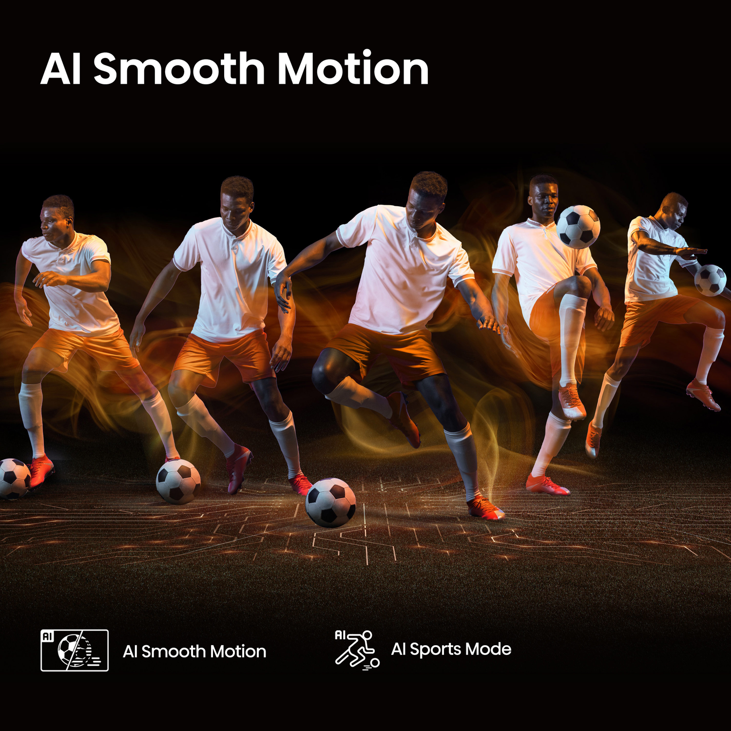 Five images of a black man in white shirt and orange shorts kicking a soccer ball, with text 'AI Smooth Motion' on black background.