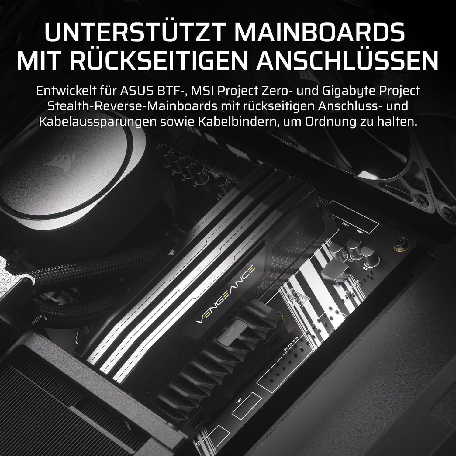 PC-Komponenten in einem Computergehäuse. Ein Motherboard mit Vengeance-Logo und Text ist sichtbar.