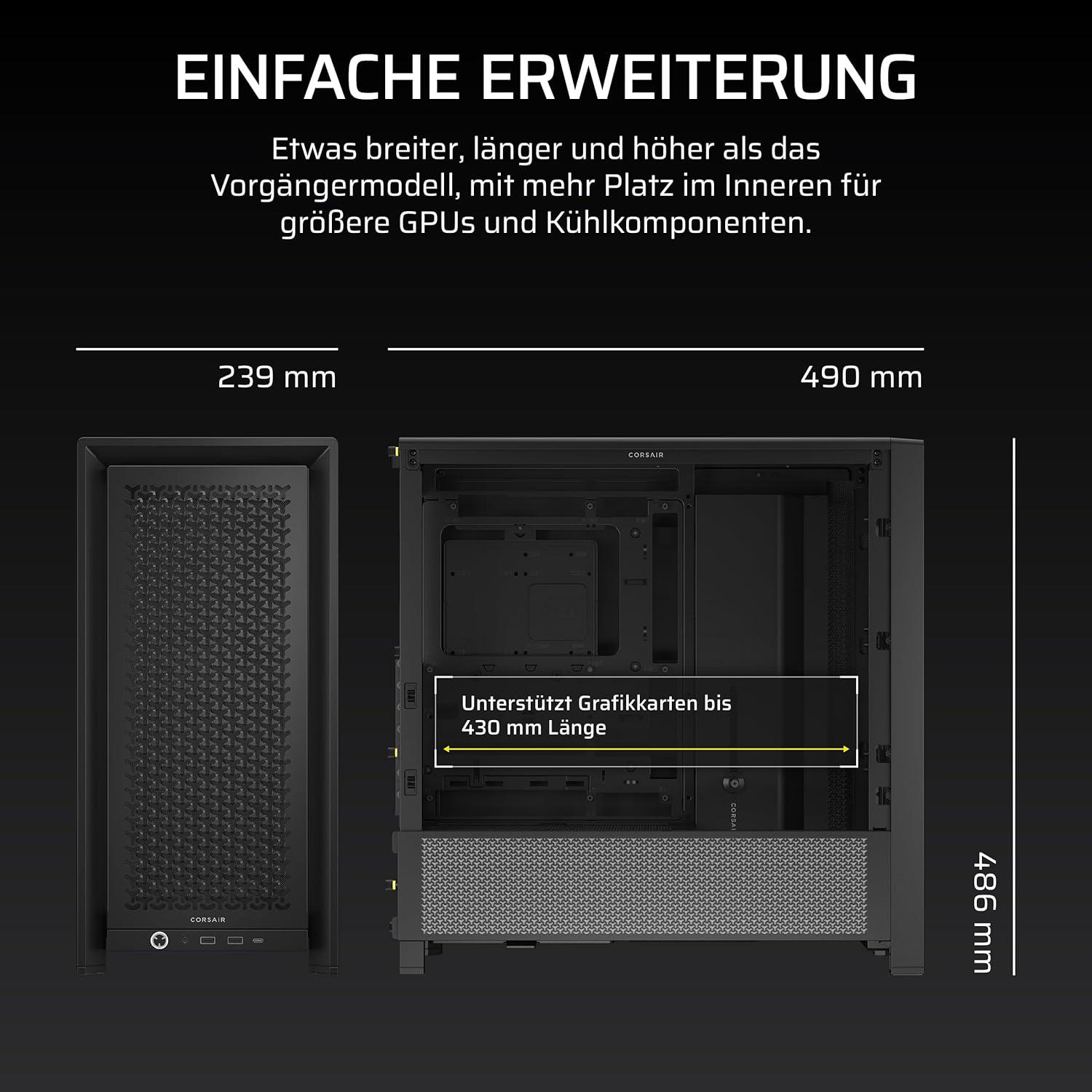 Schwarzes Computergehäuse mit Abmessungen. Text lautet 'Einfache Erweiterung'. Abmessungen sind 239mm x 490mm x 486mm. Unterstützt Grafikkarten.