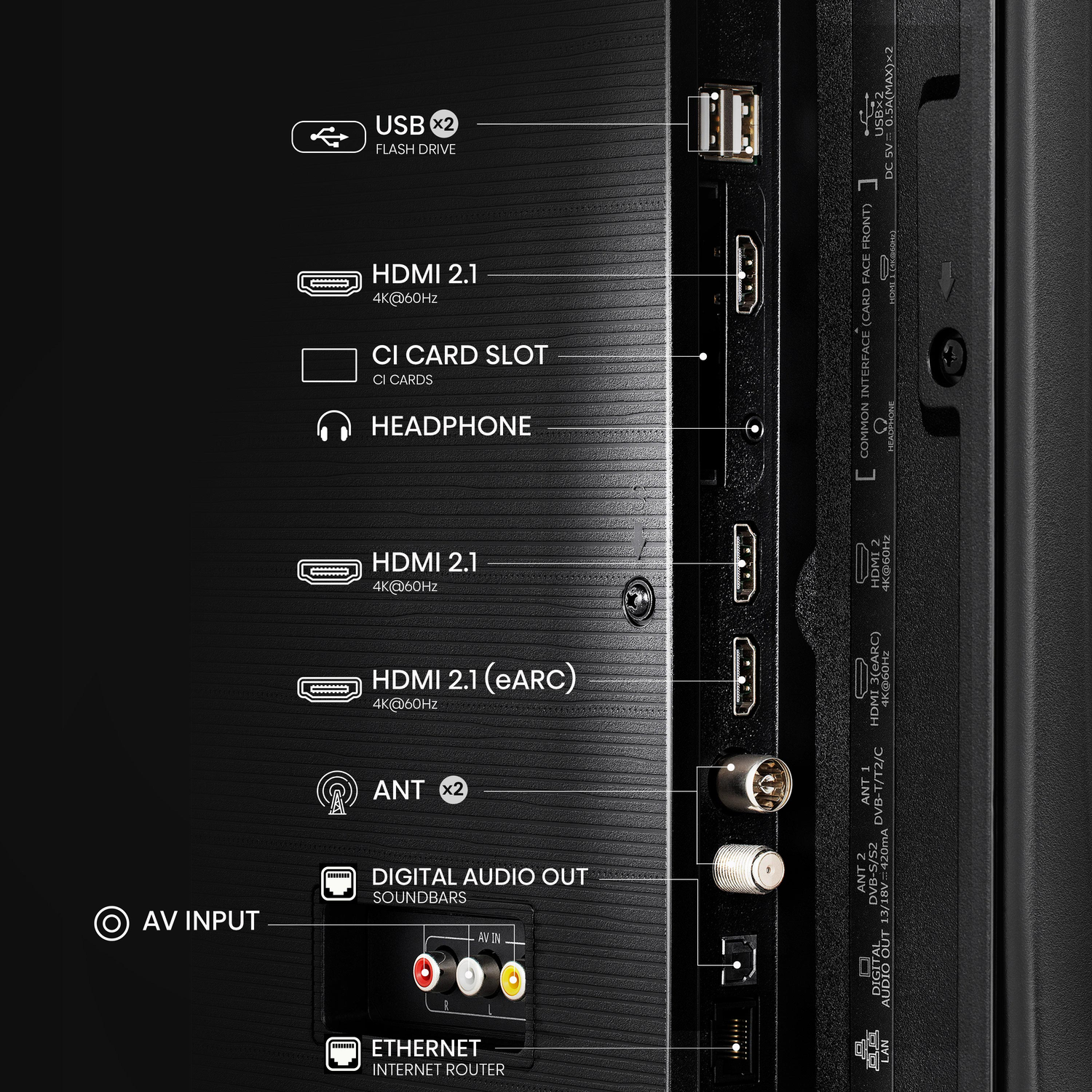 TV back panel with ports: USB, HDMI, antenna, audio out, AV input, Ethernet, and headphone jack. Labels identify each port.