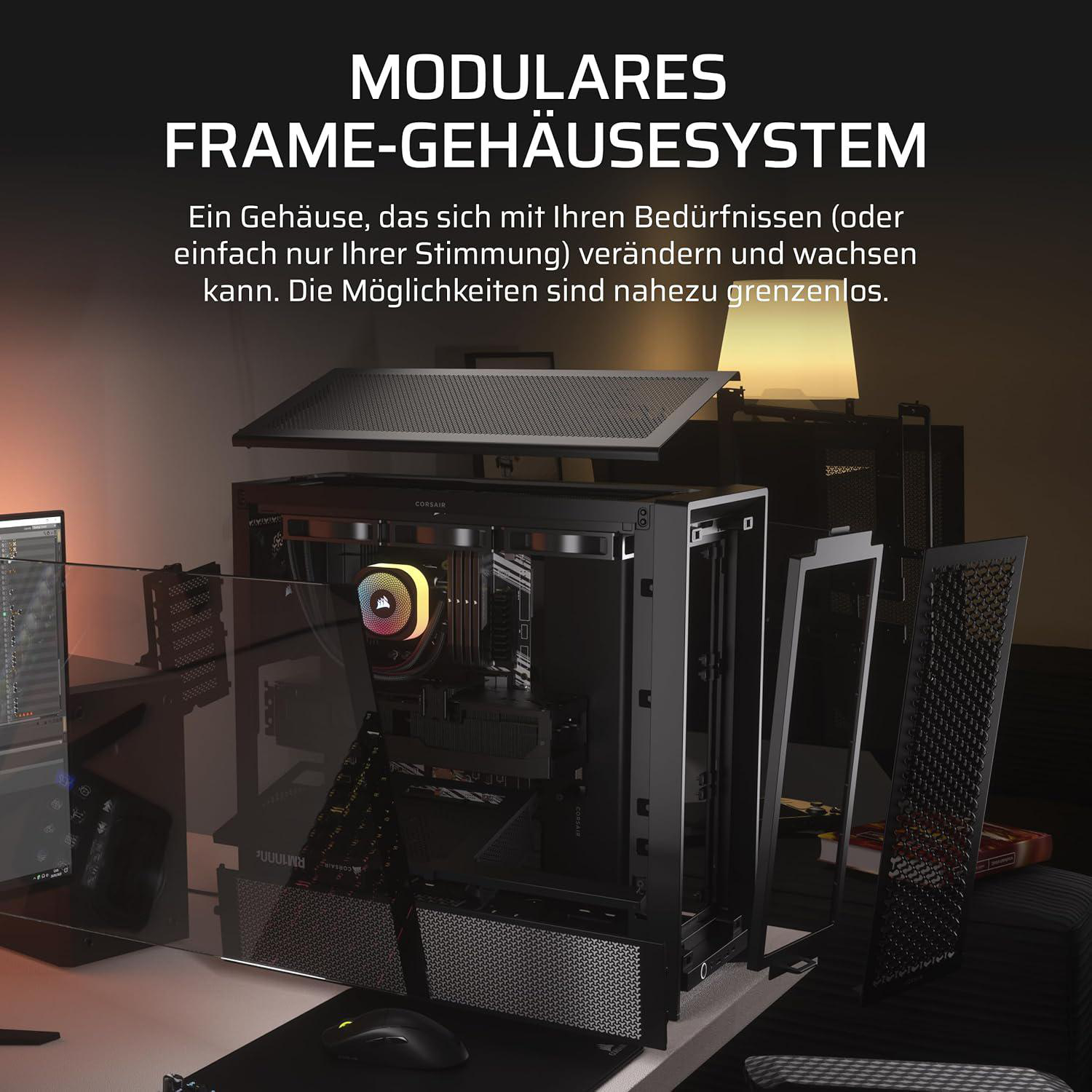 Ein modularer Computer-Gehäuse mit sichtbaren Komponenten. Ein PC wird mit verschiedenen Teilen zusammengebaut.