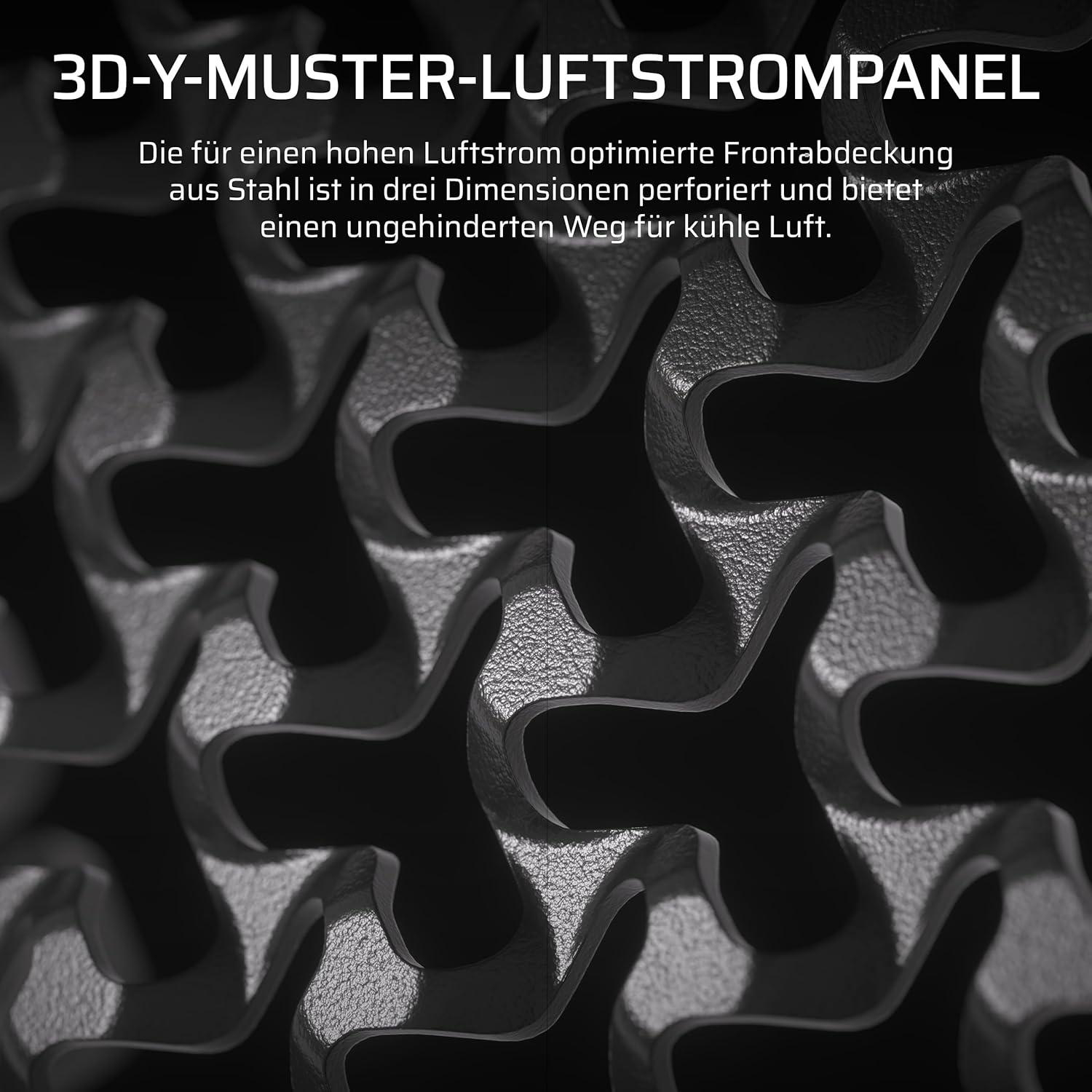 Nahaufnahme einer Metallplatte mit 3D-Y-Muster. Das Design ist perforiert, um Luftstrom zu ermöglichen. Der Hintergrund ist dunkel.