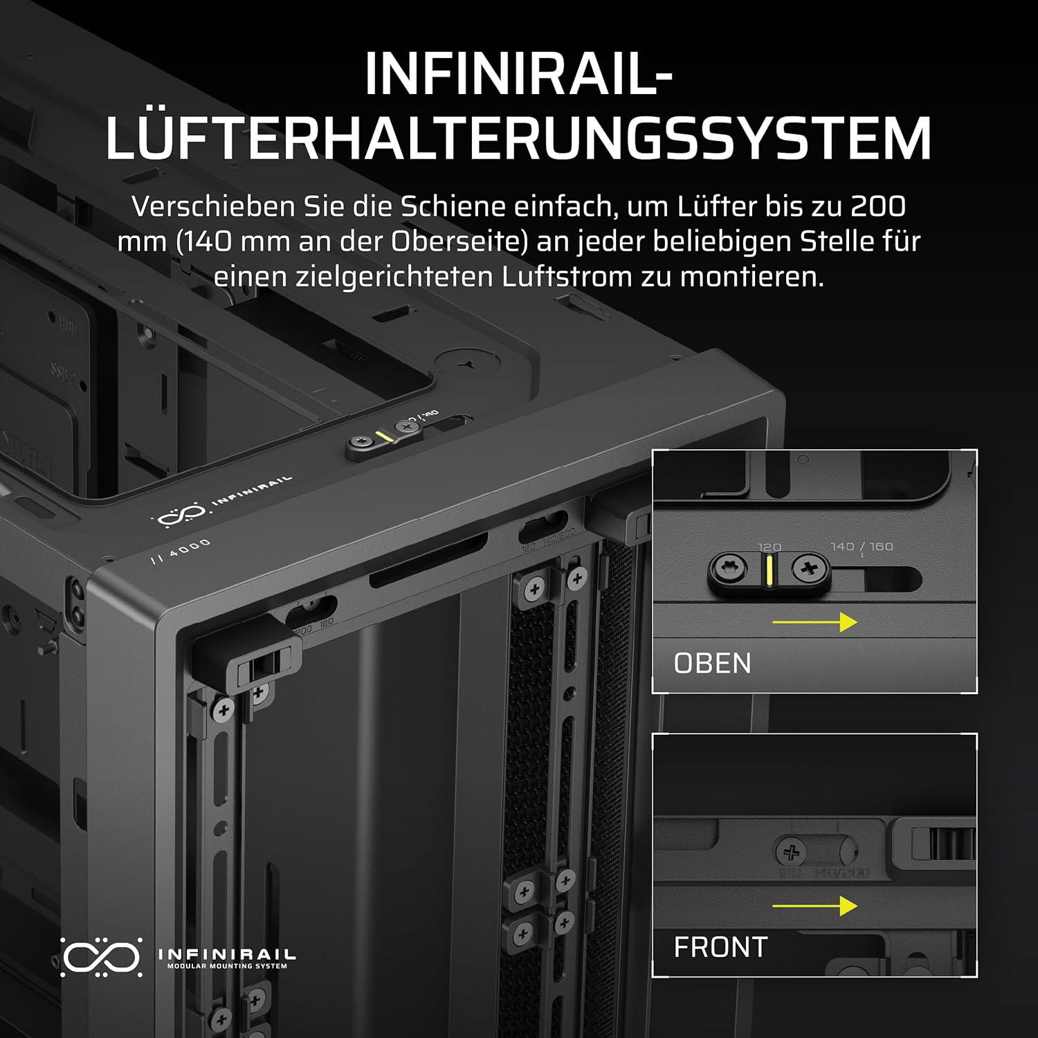 Das Bild zeigt einen Computer-Gehäuse mit dem INFINIRAIL-Logo. Text beschreibt, wie Lüfter bis zu 200 mm montiert werden.