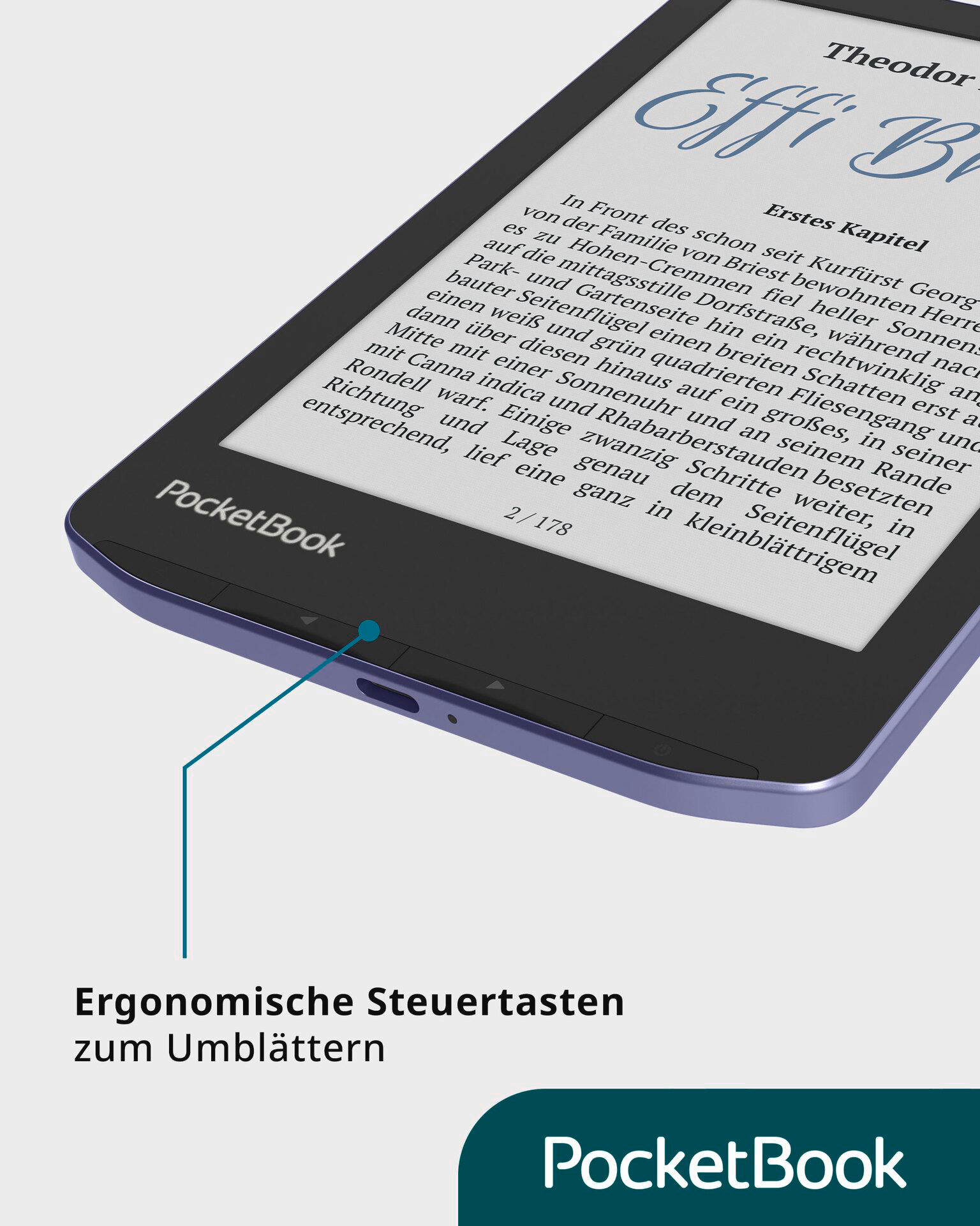 Ein E-Reader zeigt Text an. Das Gerät hat ergonomische Tasten. Unten ist ein PocketBook-Logo.