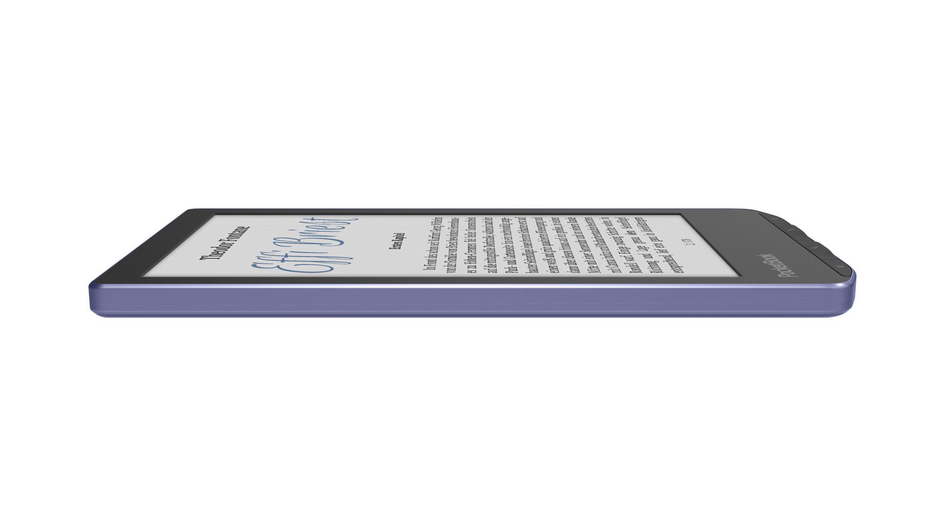 Ein E-Reader mit dem Buch 'Effi Briest' wird gezeigt. Das Gerät ist lila mit weißem Hintergrund.