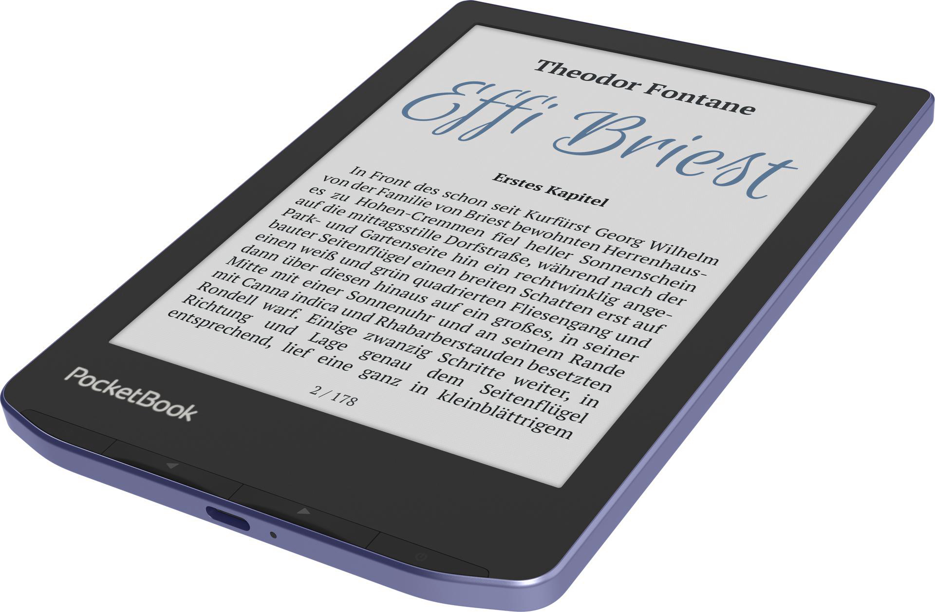 Ein E-Reader zeigt Text aus 'Effi Briest' von Theodor Fontane an. Das Gerät ist schwarz mit blauem Rand, Seite 2/178.