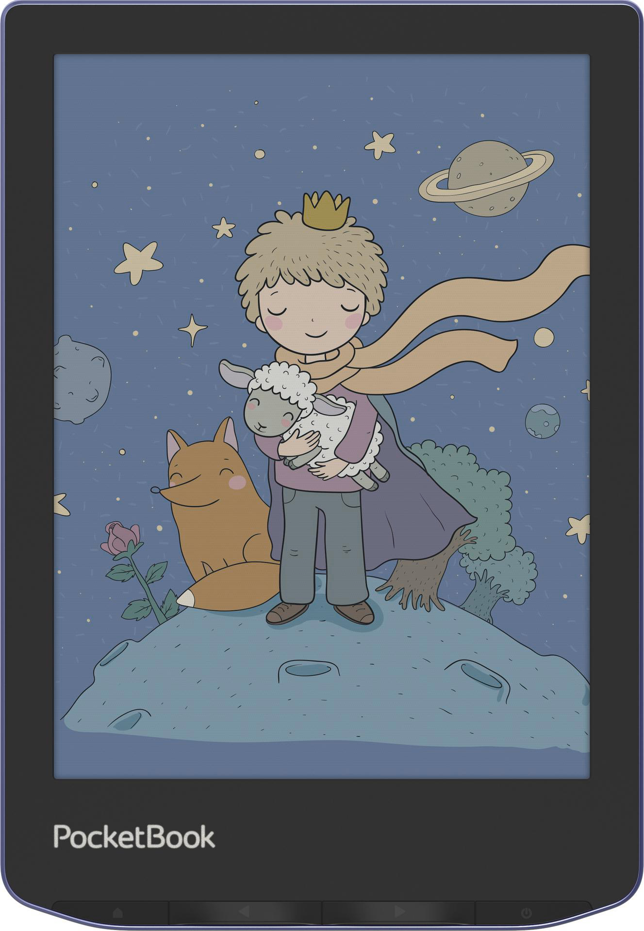 Illustration eines Prinzen mit einem Lamm, einem Fuchs, einer Rose auf einem Asteroiden und einem Planeten mit Ringen. Nachthimmel mit Sternen.