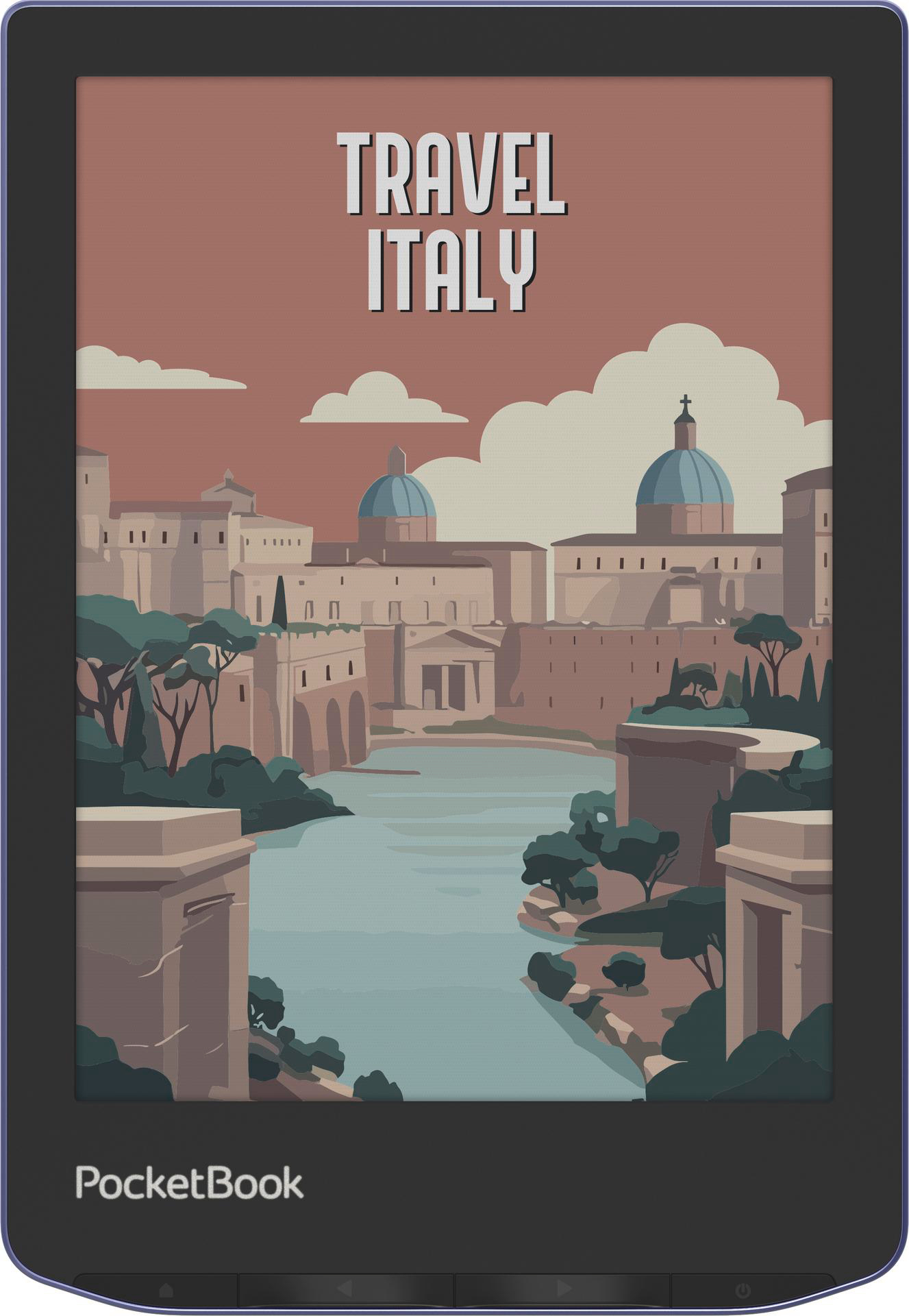 Ein E-Book-Reader zeigt ein Reiseplakat für Italien. Es zeigt ein Stadtbild mit Kuppeln, Wasser und den Worten "TRAVEL ITALY".
