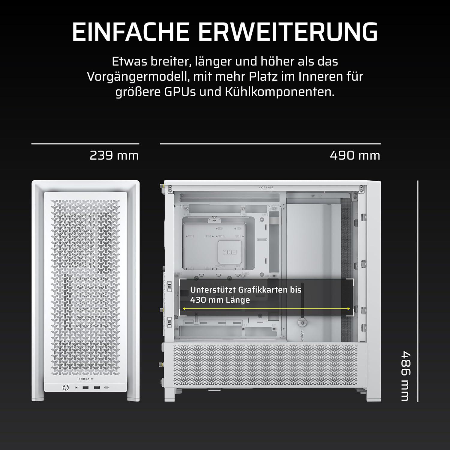 Weißes Computergehäuse mit Abmessungen. Text lautet: einfache Erweiterung, größere GPUs und Kühlkomponenten.
