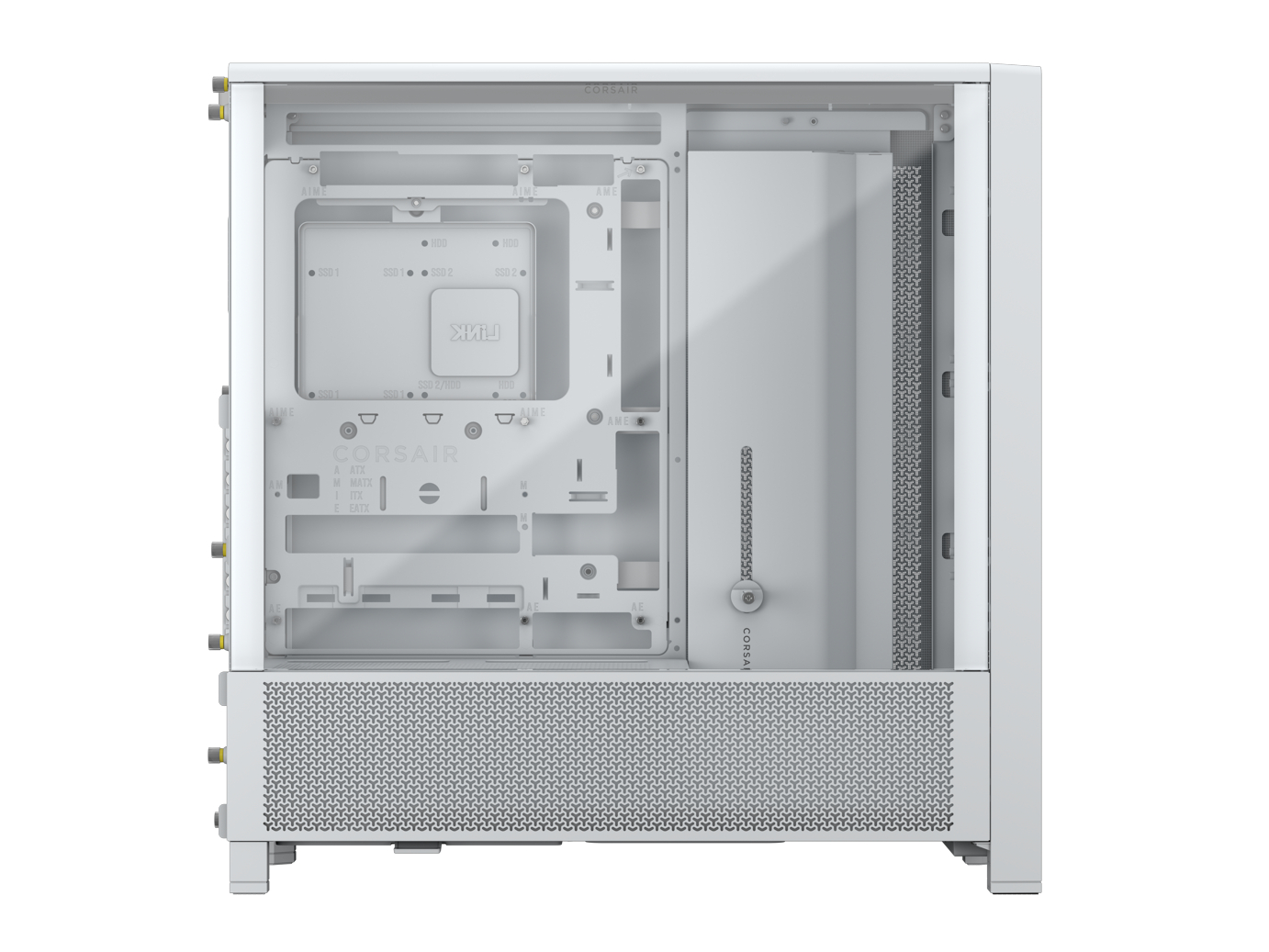 Weißes PC-Gehäuse-Interieur. Das Gehäuse hat eine Mesh-Front, eine transparente Seitenwand und ist mit Corsair beschriftet. Interne Komponenten sind sichtbar.