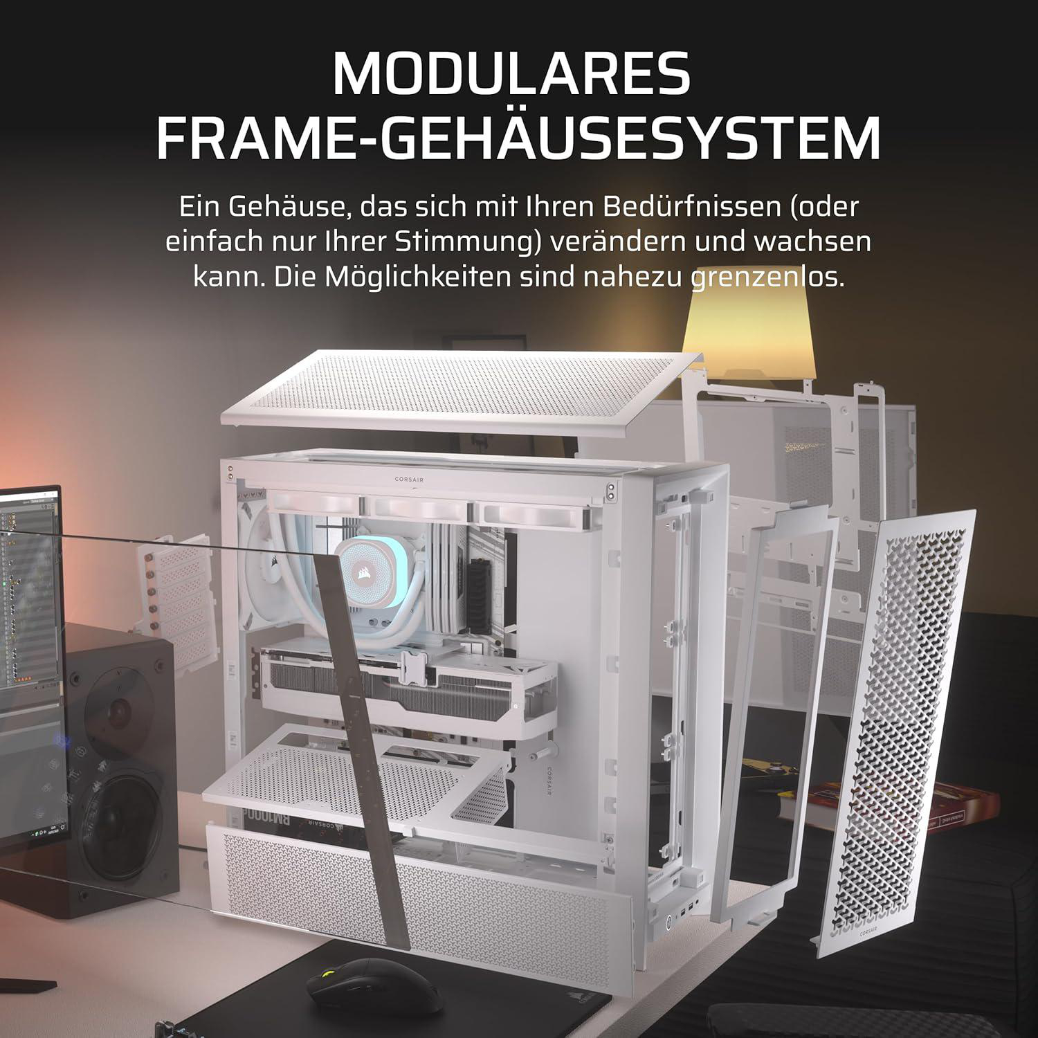 Weißes Computergehäuse mit modularem Design, Komponenten sichtbar. Text oben: 'MODULARES FRAME-GEHÄUSESYSTEM'.