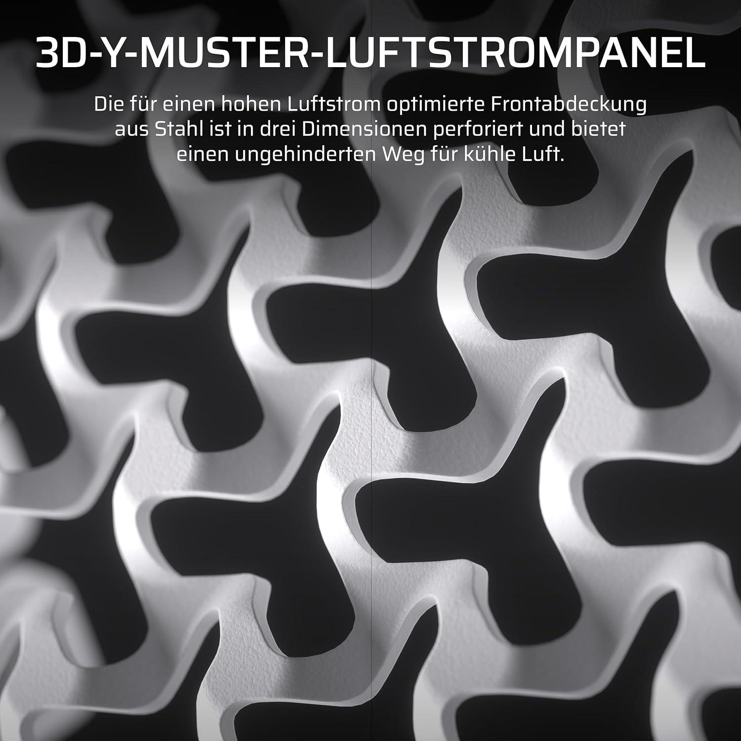 Weißes, abstraktes 3D-Muster vor dunklem Hintergrund. Das Design ist eine sich wiederholende, wellenartige Form, mit Text oben.
