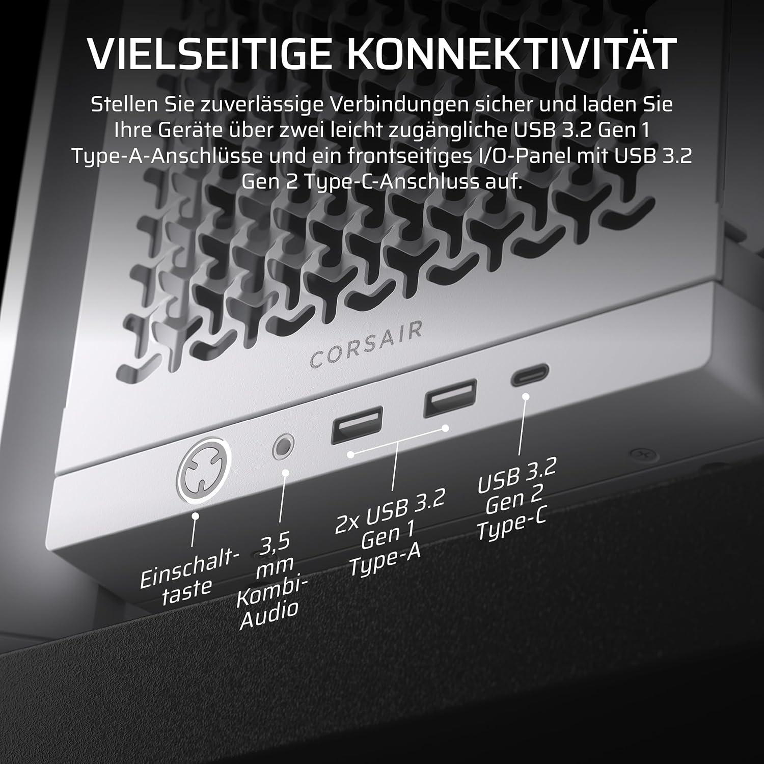 Nahaufnahme einer Computergehäuse-Frontplatte mit Anschlüssen und Beschriftungen: Ein-/Aus-Taste, Audio, USB 3.2 und USB Typ-C.