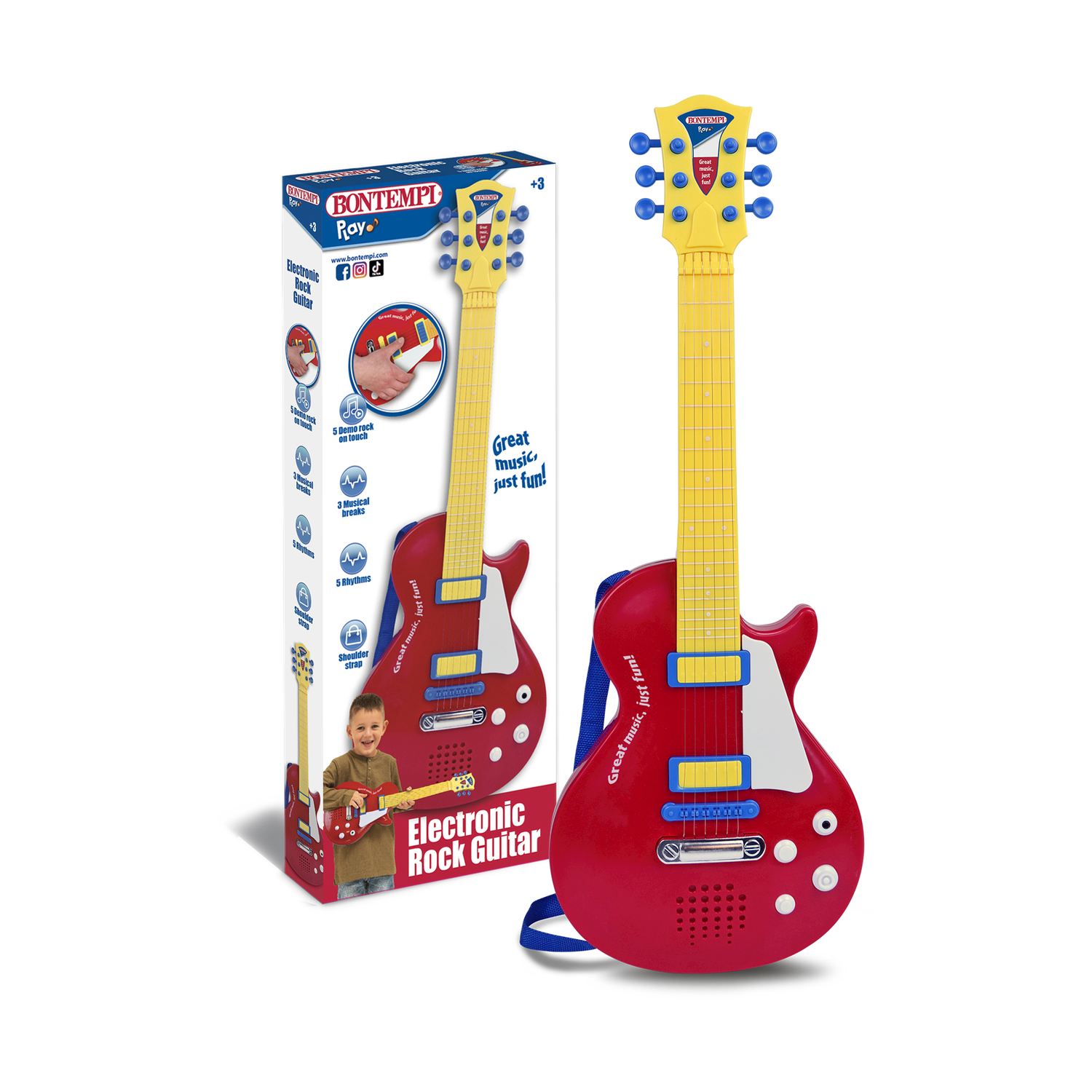 Una chitarra giocattolo rossa e gialla con un cinturino blu, accanto alla sua scatola. La scatola mostra un bambino che suona la chitarra.