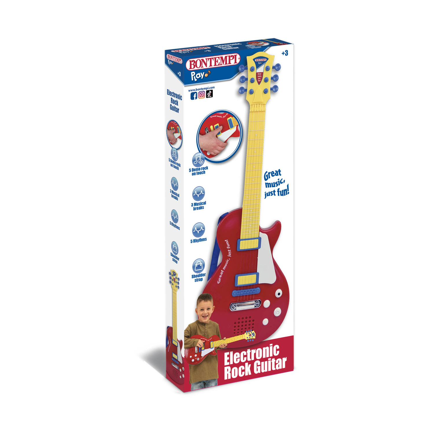 Una scatola di chitarra giocattolo rossa e gialla con un bambino che tiene in mano una chitarra simile. Il testo recita 'Electronic Rock Guitar'.