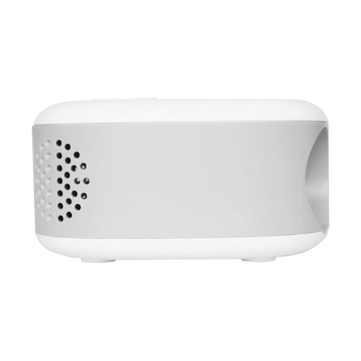 Un dispositivo elettronico bianco e grigio. Ha una parte superiore arrotondata, una sezione perforata e un'apertura curva.