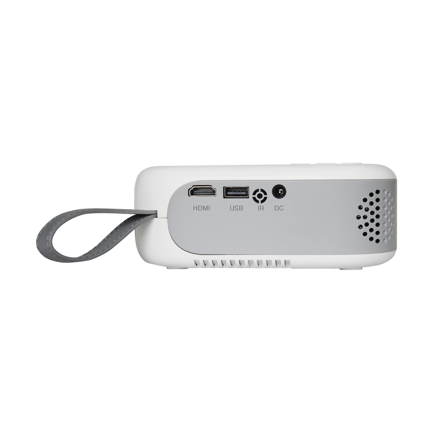 Un proiettore bianco e grigio. Ha porte HDMI, USB, IR e DC. Un manico grigio sul lato. Lo sfondo è bianco.