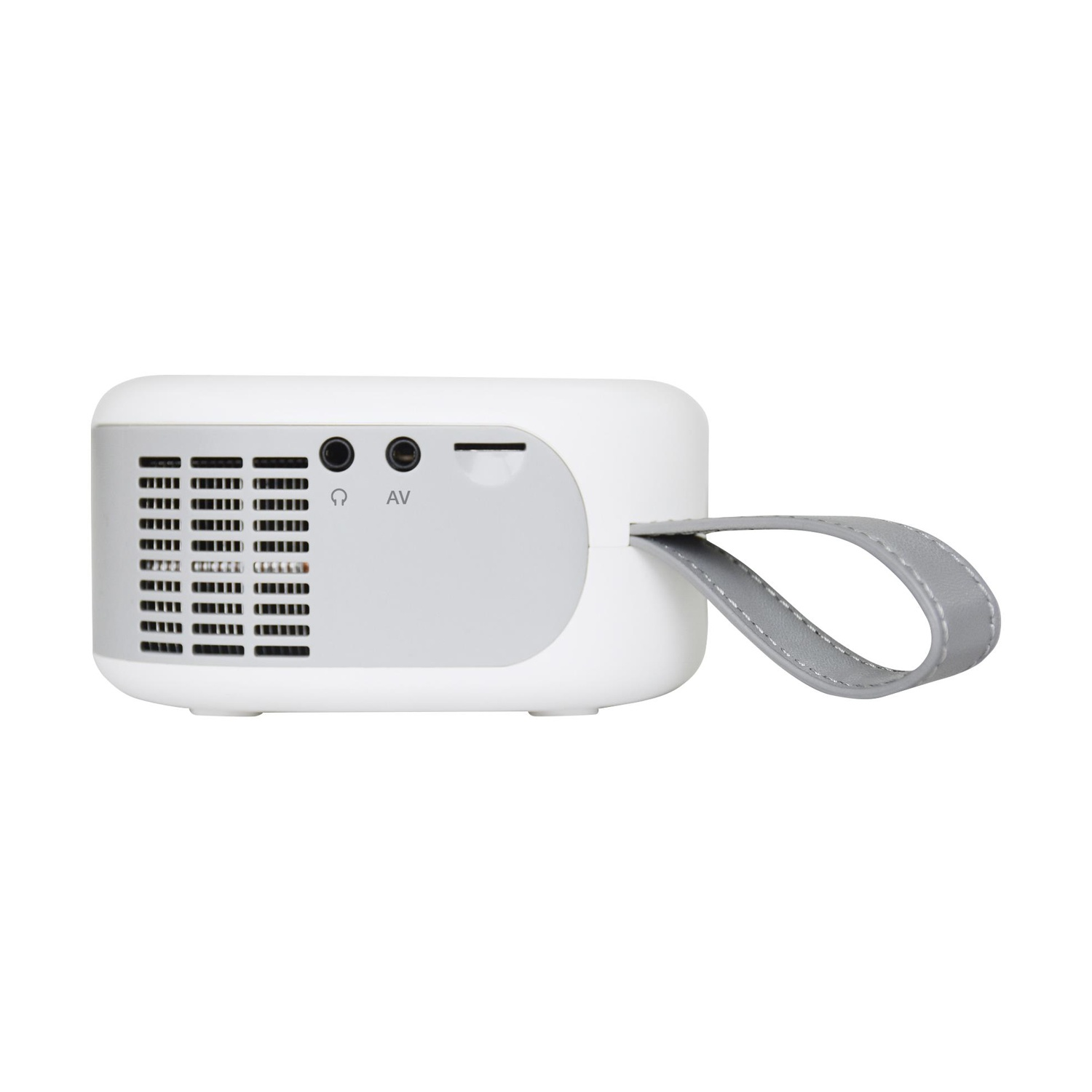 Un altoparlante portatile bianco e grigio con manico grigio. Ha prese d'aria, porte e uno slot. L'altoparlante è isolato su sfondo bianco.