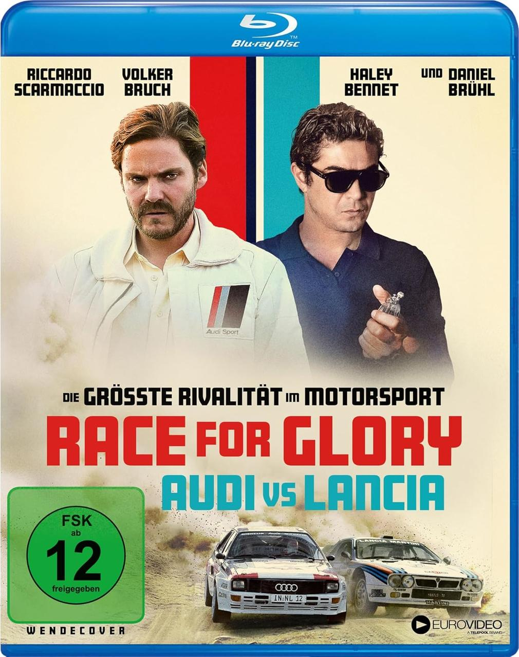 Blu-ray-Cover für 'Race for Glory'. Zeigt Schauspieler, Motorsportbilder und Text in mehreren Sprachen. Audi vs. Lancia.