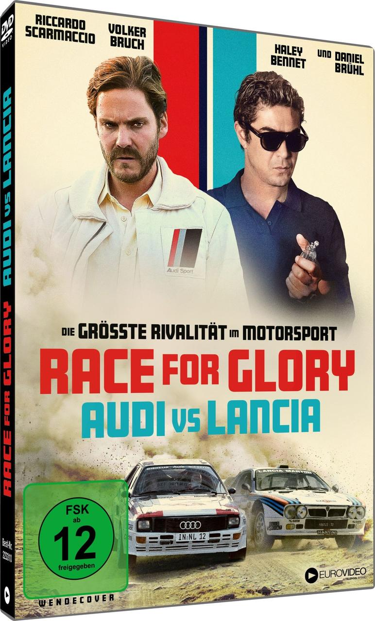 DVD-Cover für 'Race for Glory: Audi vs Lancia'. Zeigt Schauspieler, Autos und den Titel. Enthält Bewertung und Audi Sport Logo.