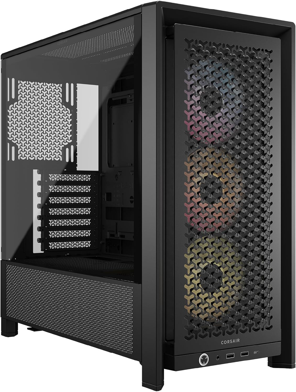 Schwarzes Computergehäuse mit Glas-Seitenwand und Mesh-Front. Innen sind Komponenten. Corsair-Logo ist sichtbar.