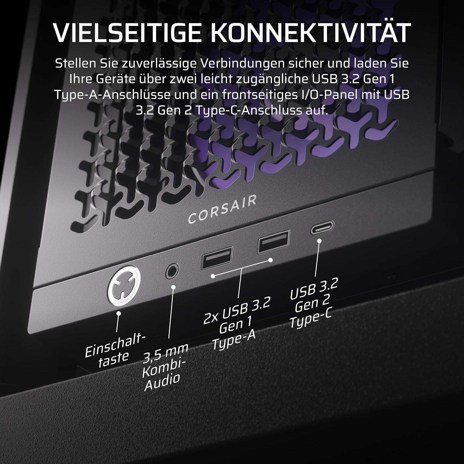 Nahaufnahme der Vorderseite eines Computergehäuses mit Strom- und Audioanschlüssen sowie USB-Anschlüssen mit Etiketten.