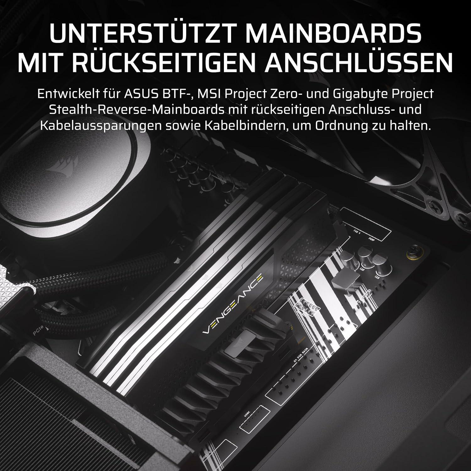 Nahaufnahme eines Computer-Motherboards mit RAM-Riegeln und Kabeln. Der Text 'VENGEANCE' ist sichtbar.