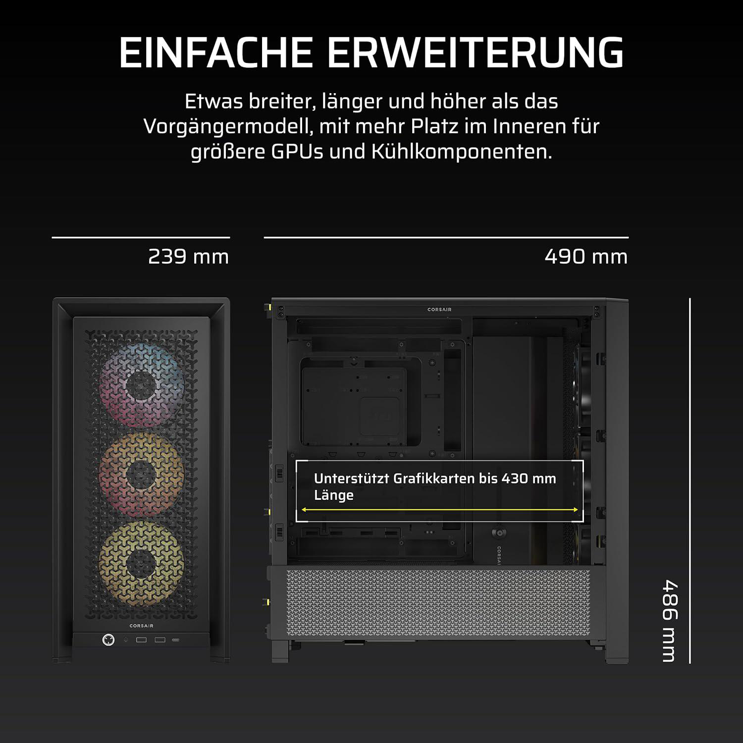 PC-Gehäuse-Diagramm mit Abmessungen. Vorderansicht links, offene Seite rechts. Text zeigt Unterstützung für größere GPUs und Kühlkomponenten.