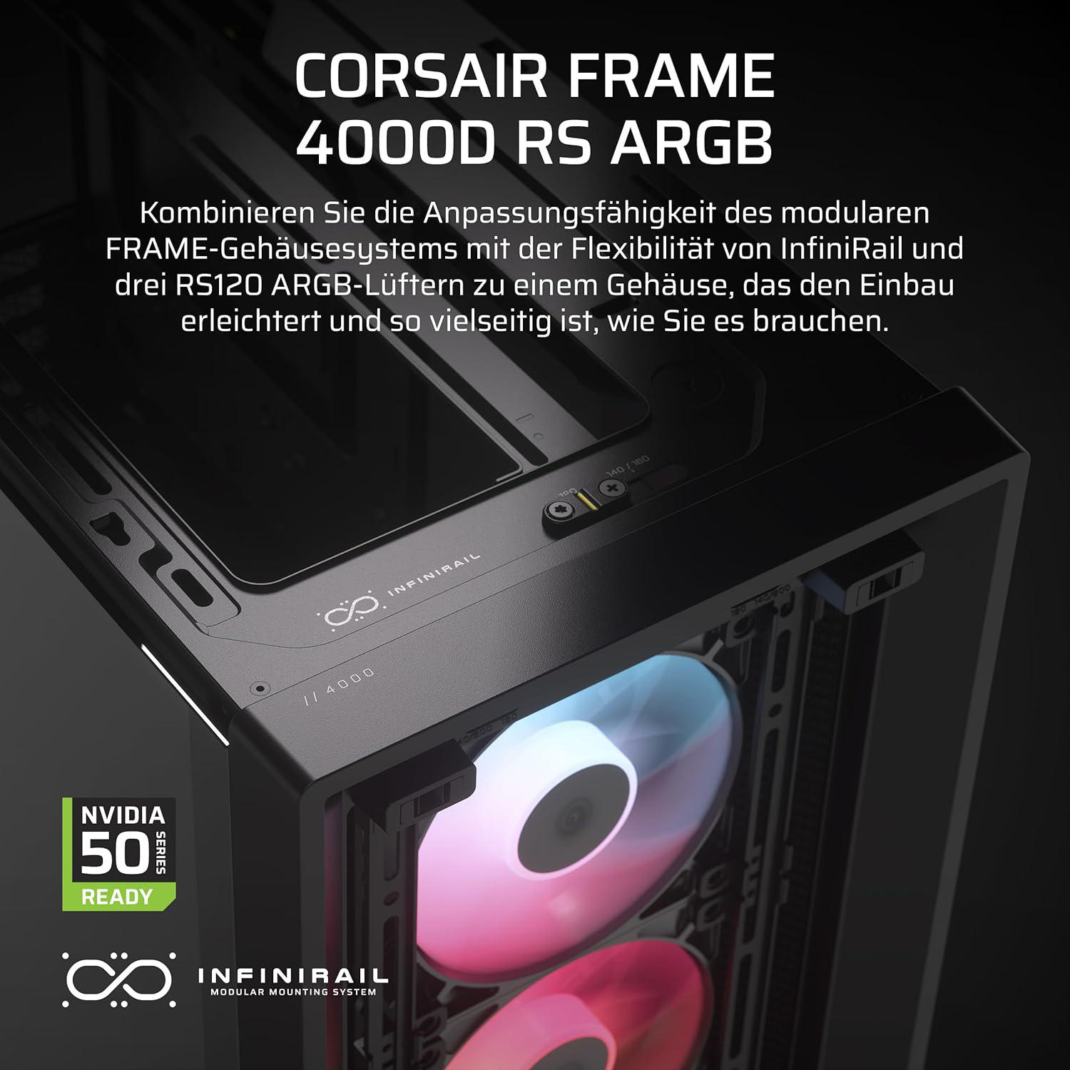 Schwarzes PC-Gehäuse mit RGB-Lüftern. Text enthält Corsair- und Nvidia-Marken. InfiniRail-Logo sichtbar.