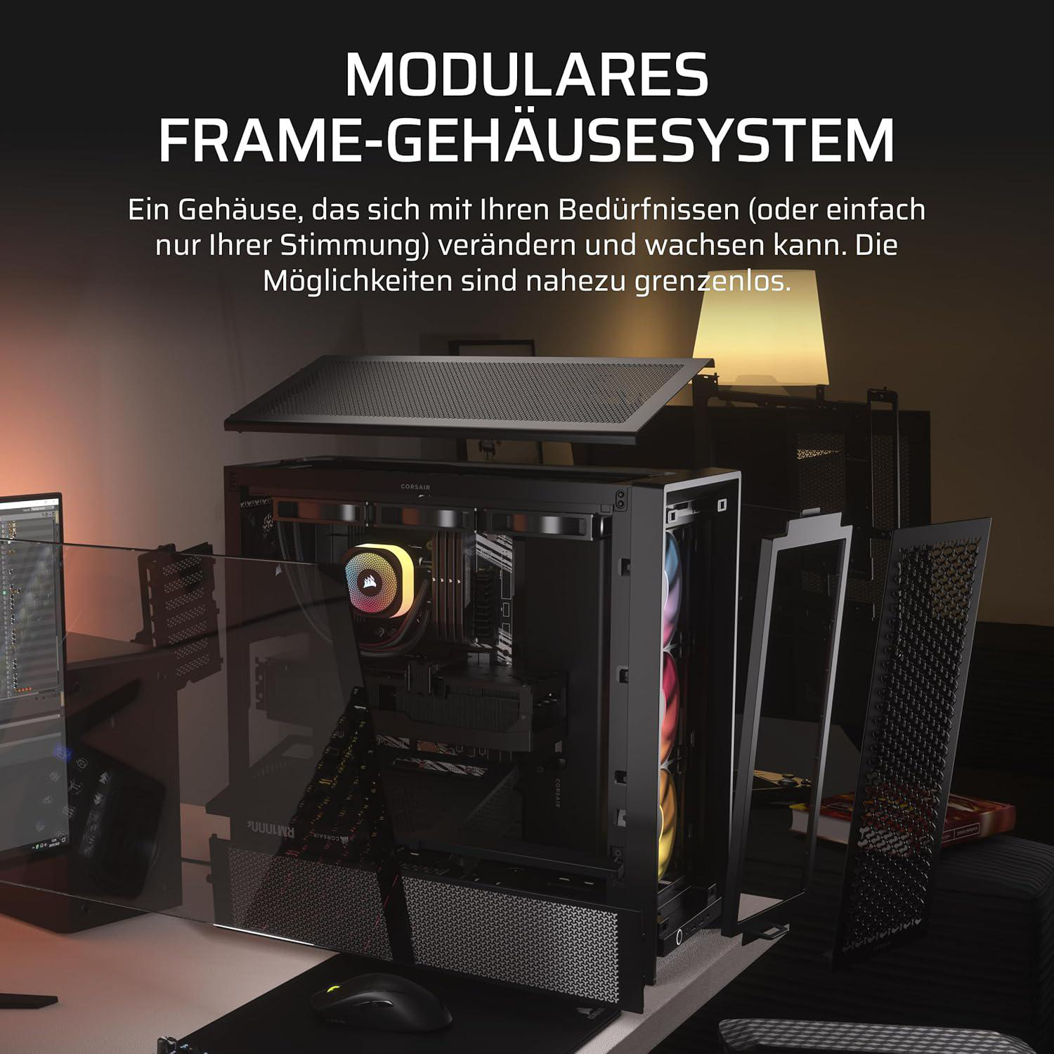 Ein Computergehäuse mit zerlegten Komponenten. Das Gehäuse ist schwarz mit einer durchsichtigen Seitenwand. Oben steht Text.