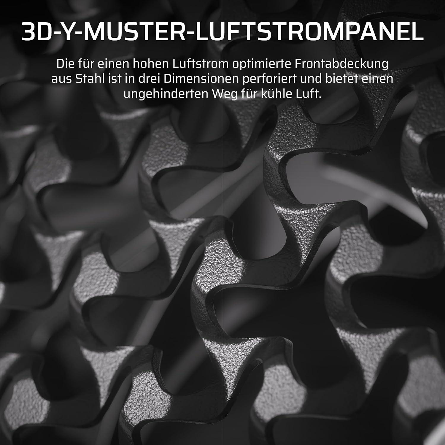 Nahaufnahme eines perforierten Metallpaneels. Das Design ist komplex, mit sich wiederholenden Y-förmigen Mustern. Schatten erzeugen Tiefe.