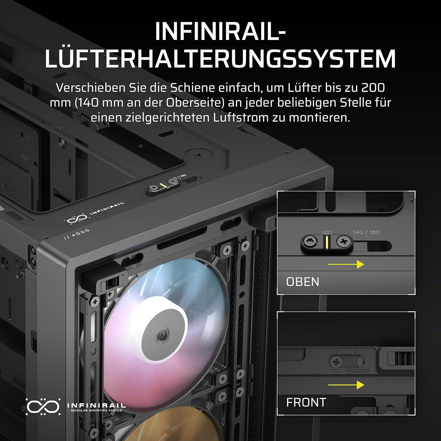 Ein schwarzes Computergehäuse mit Lüfter. Text in Deutsch beschreibt das Lüftermontagesystem.