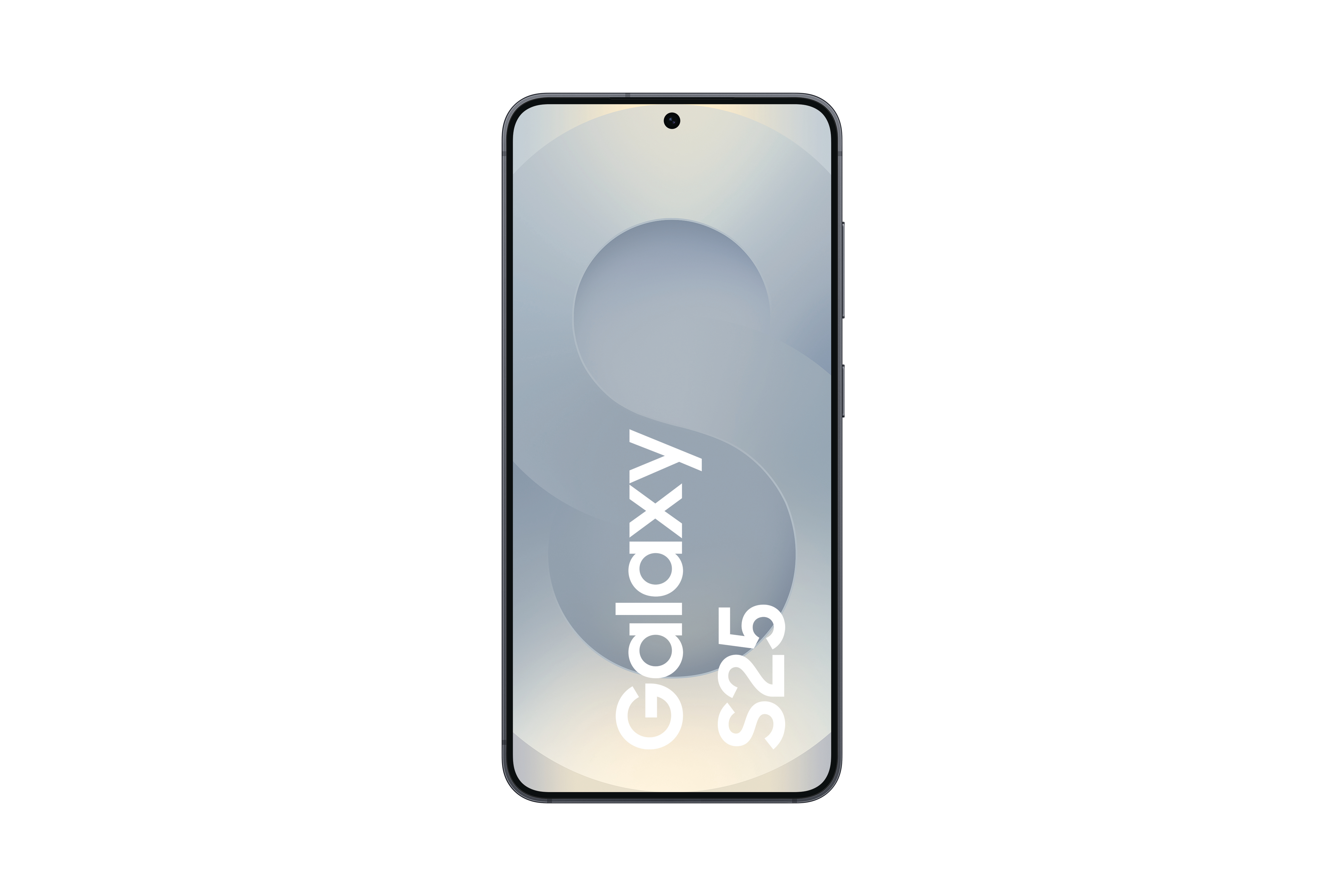 Ein Smartphone mit den Worten Galaxy S25 auf dem Bildschirm, vor weißem Hintergrund.