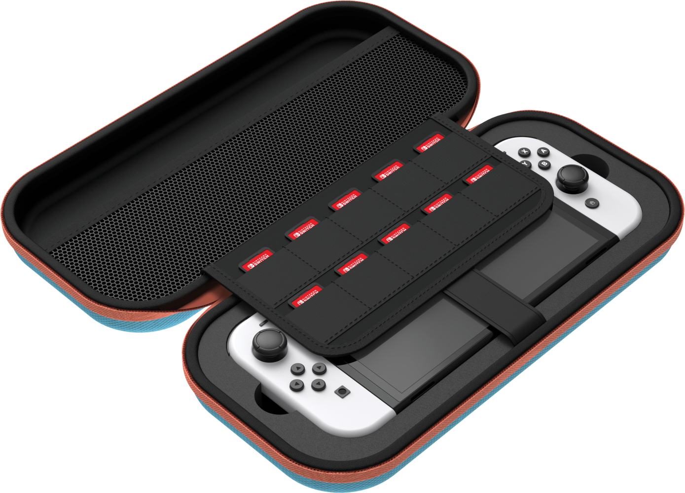 Nyitott tok Nintendo Switch-csel. Tartalmazza a konzolt, a kontrollereket, a játékkártya-tartót és a hálós zsebet. Színek: fekete, fehér és narancs.