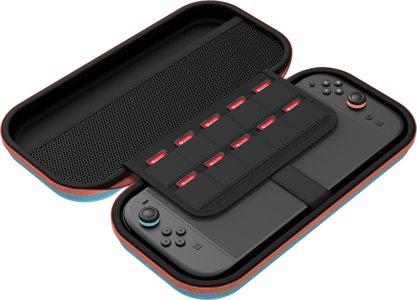 Nyitott Nintendo Switch tok, konzollal és játékkazettákkal. A tok fekete, narancssárga és kék színű. A konzol fekete.