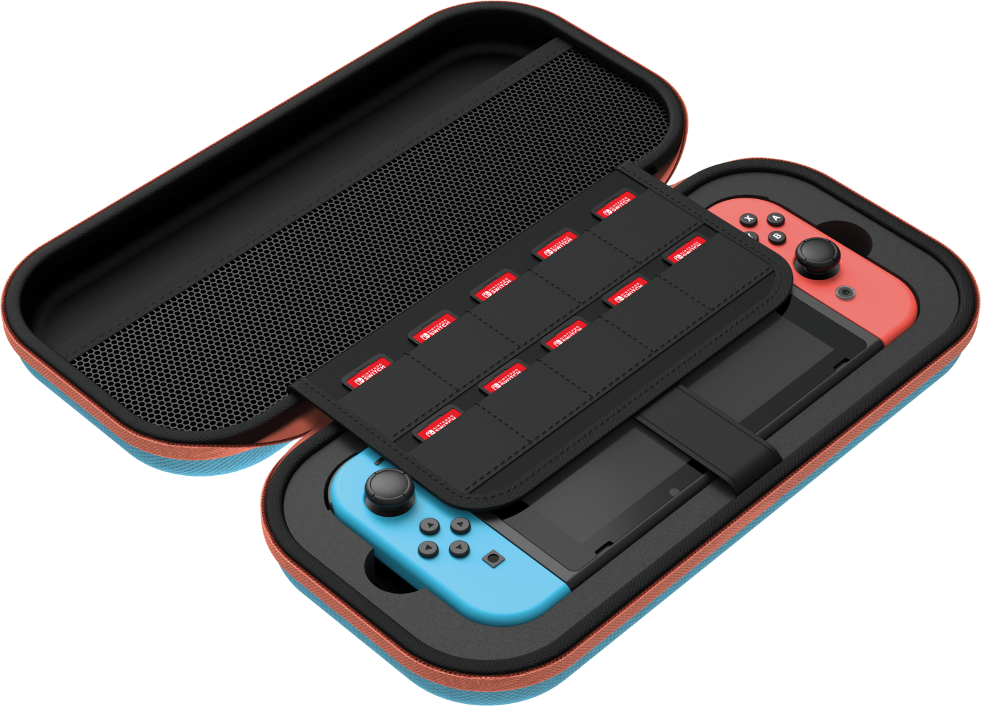 Nyitott Switch tok Switch konzollal és Joy-Cons-szal. Fekete tok narancssárga szegéllyel. Fekete játékkártya tartó. Kék és piros Joy-Cons.