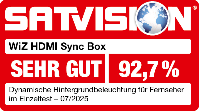 Roter Hintergrund mit weißem Text: SATVISION, WiZ HDMI Sync Box, SEHR GUT 92,7%. Enthält ein Globus-Logo.