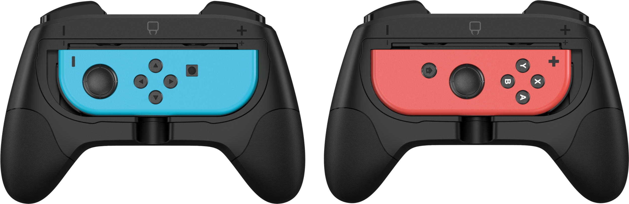Egy játékkontroller kék és piros oldallal. Mindkét oldalon gombok, joystick és fekete fogantyú található.