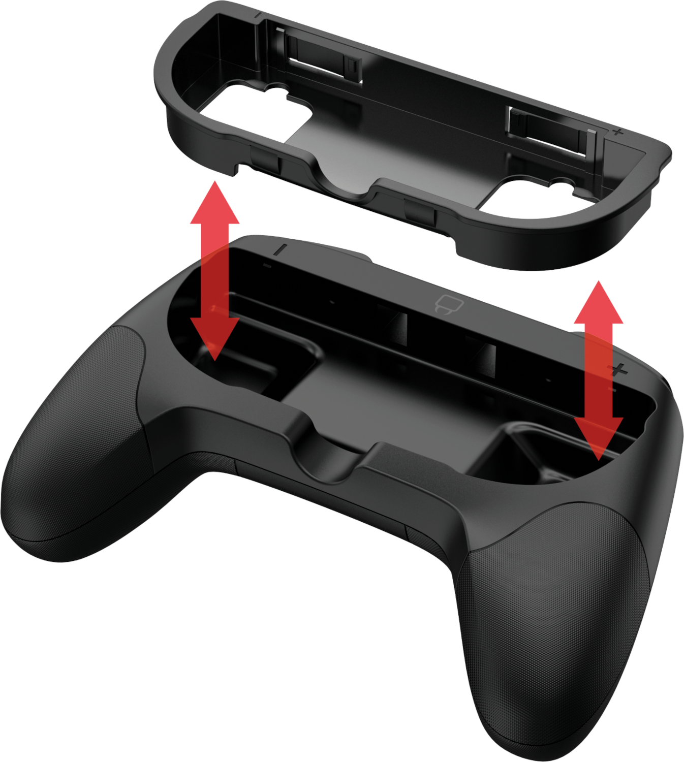 Fekete gamepad alkatrészek piros nyilakkal, amelyek az összeszerelést mutatják. A felső rész a alsó felett van. Mindkettő fekete, rései és ívei vannak.