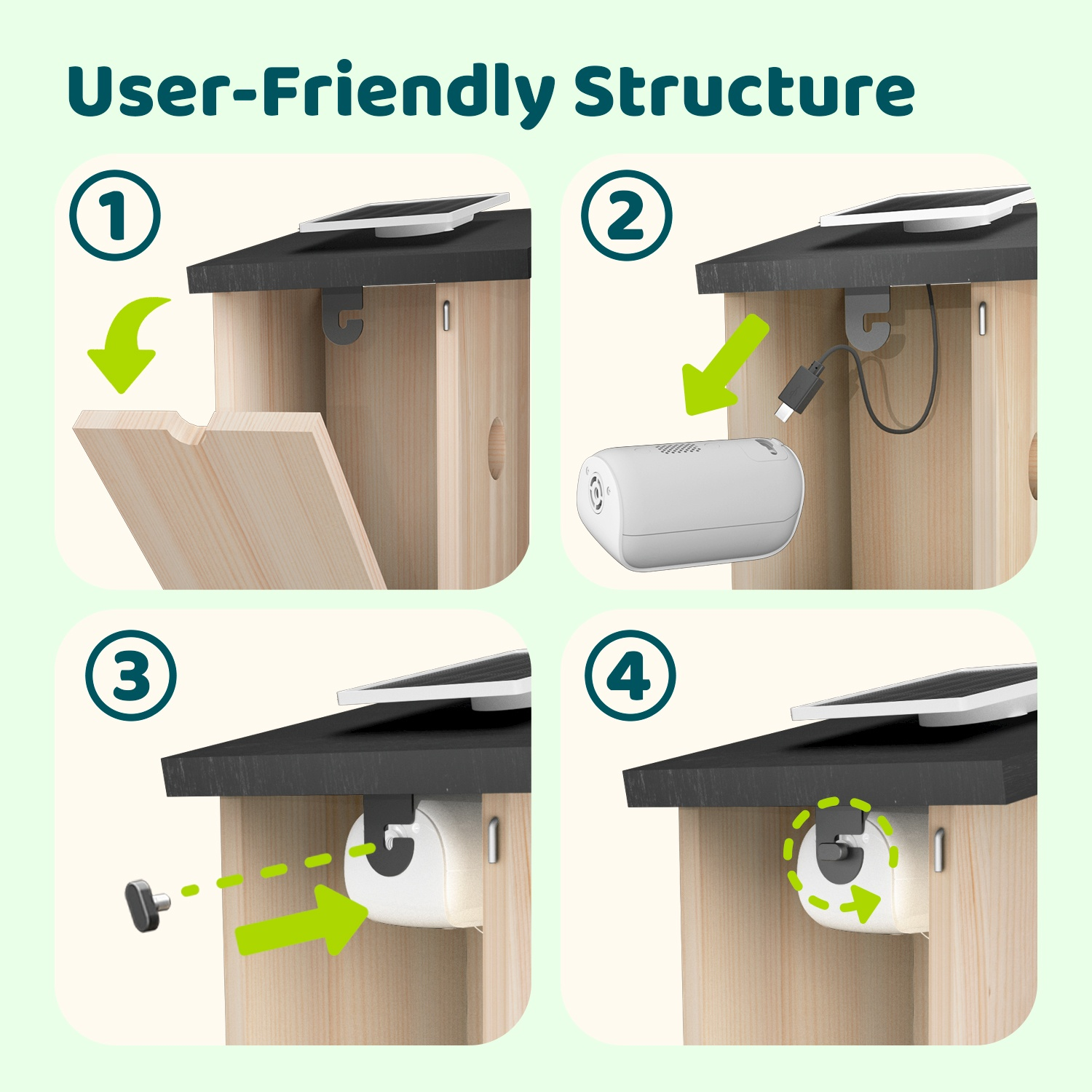 Gids in vier stappen: houten kist openen, camera plaatsen, schroef bevestigen en camera vastzetten.
