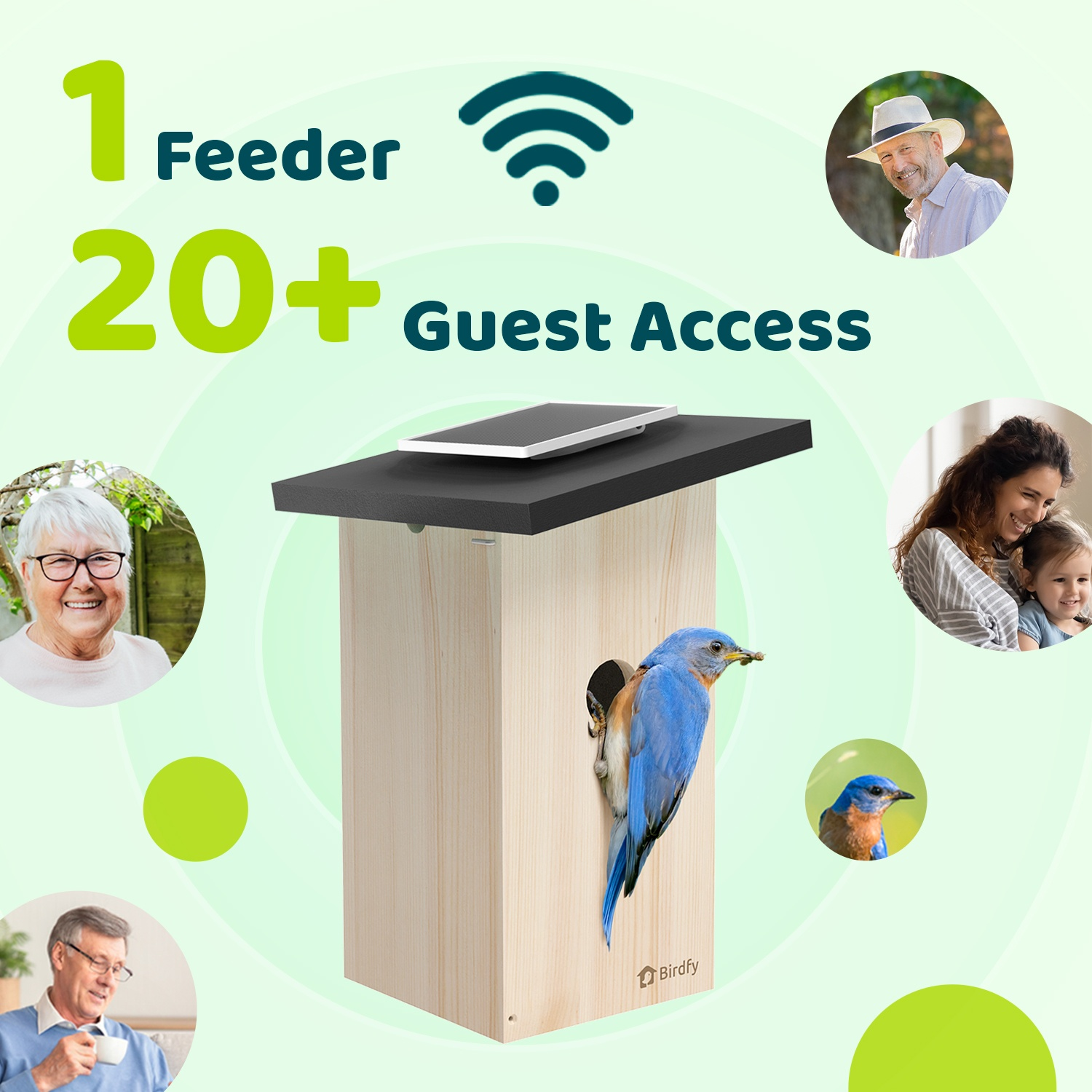 Een vogelhuisje met een blauwborst, omringd door mensen. Tekst: 1 voeder, 20+ gasttoegang en een WiFi-symbool.