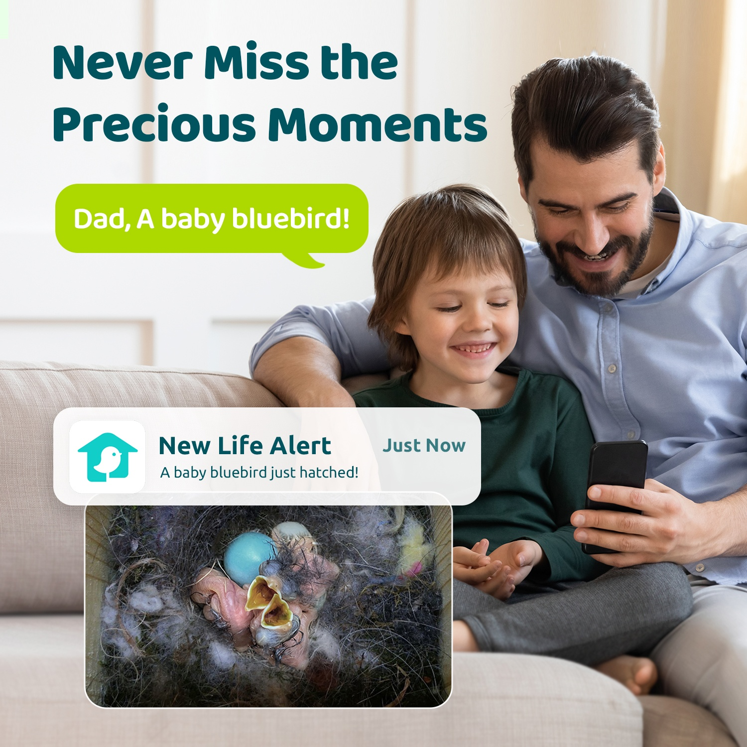 Vader en kind kijken naar een telefoon met een melding van een jonge blauwborst. Tekst zegt: "Mis nooit de kostbare momenten" en "Papa, een jonge blauwborst!".
