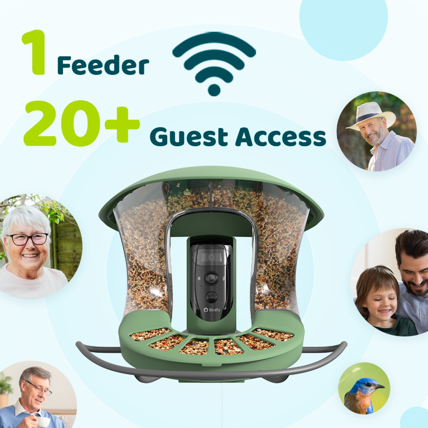 Mangeoire verte avec caméra, symbole Wi-Fi et personnes souriantes. Image d'un merle bleu. Texte : 1 Mangeoire, 20+ Accès invités.