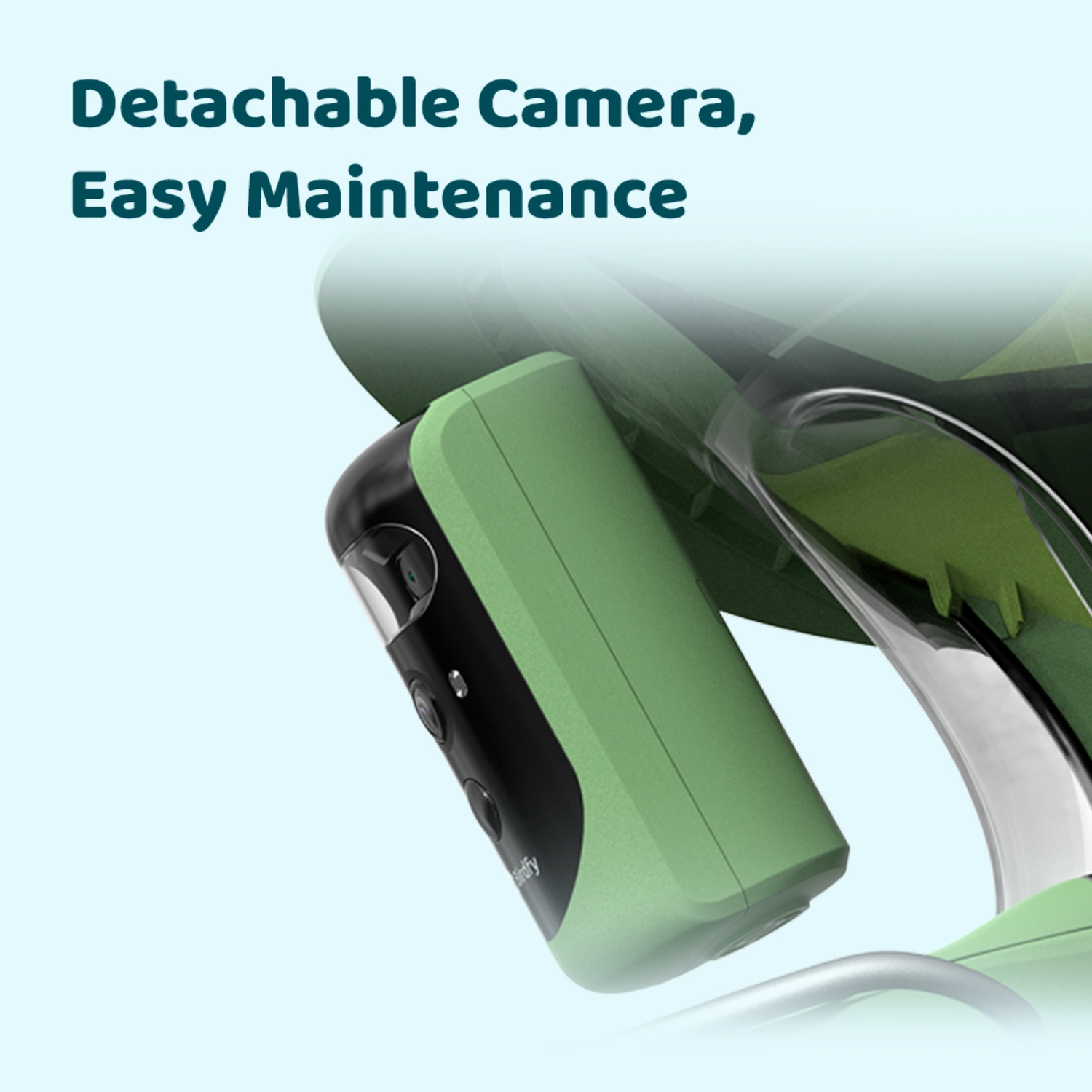Caméra verte et noire avec le texte "Detachable Camera, Easy Maintenance". La caméra est montée sur une structure verte.