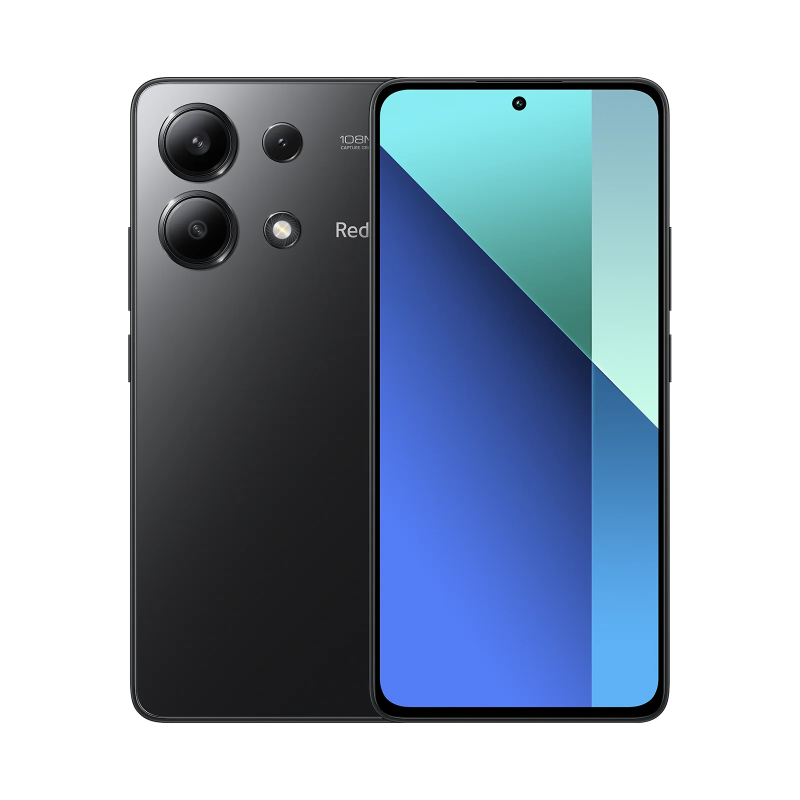 Un smartphone negro con pantalla con diseño abstracto azul y verde, y módulo de cámara con múltiples lentes.