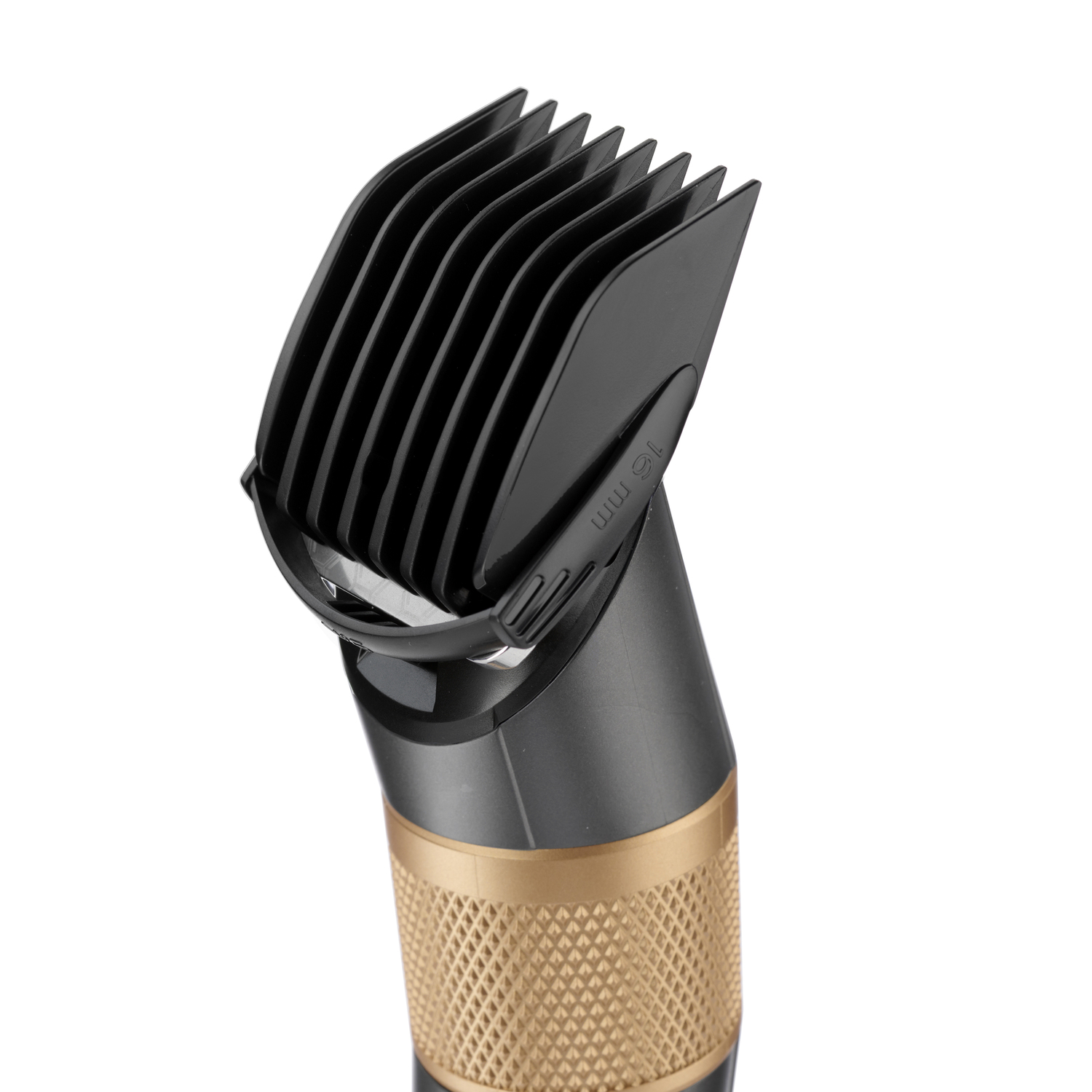 Close-up of a black and gold hair clipper. The clipper's head has black blades and the handle features a gold, textured grip.