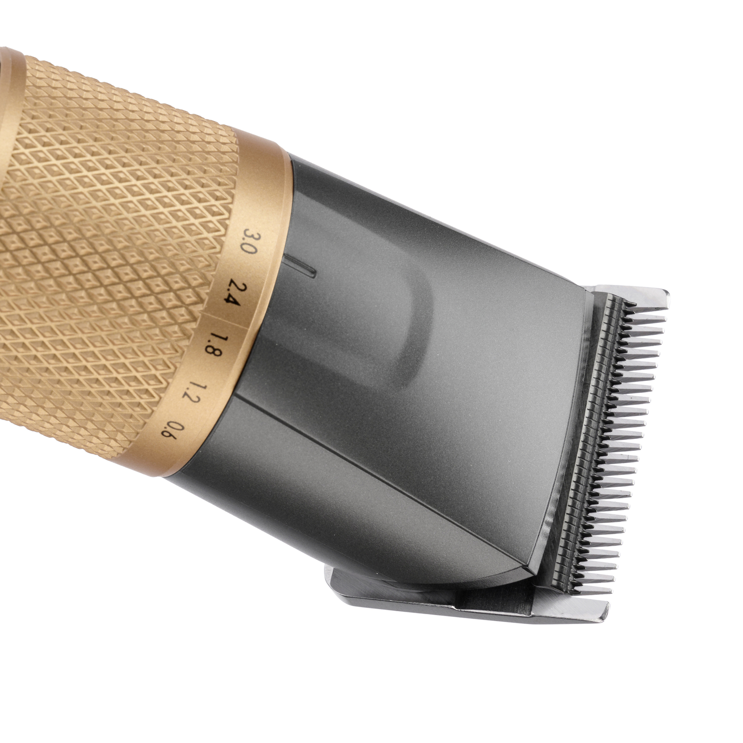 A close-up of a hair clipper. The clipper is gold and gray with a blade at the end. The background is white.