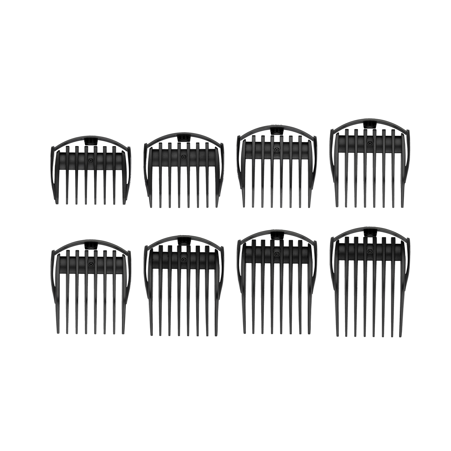 Eight black hair clipper guards arranged in two rows on a white background. Each has a comb-like structure.